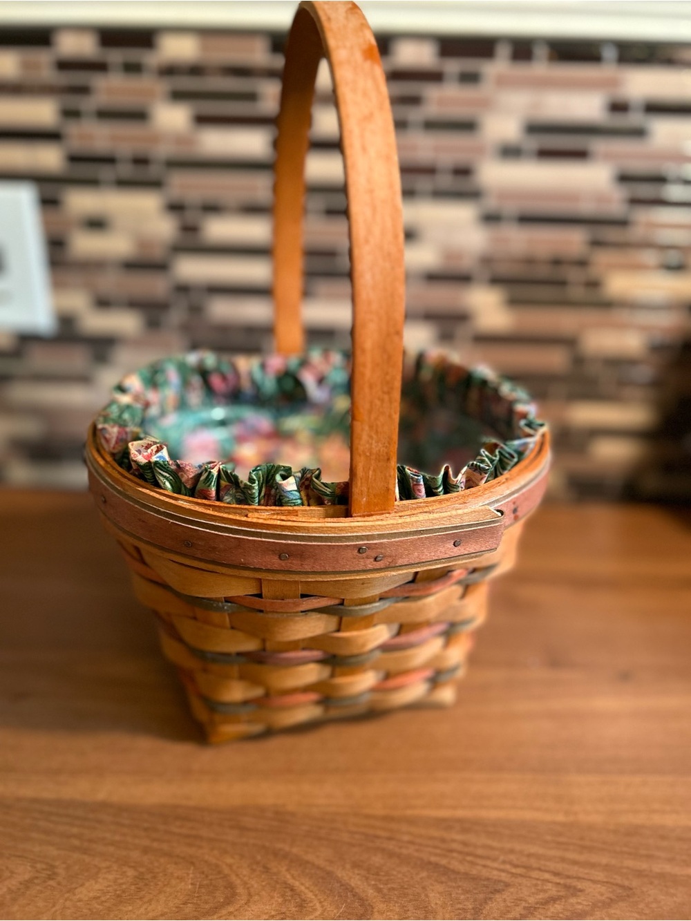 Vintage Longaberger Easter Basket with Fabric Liner - Tan & Multi